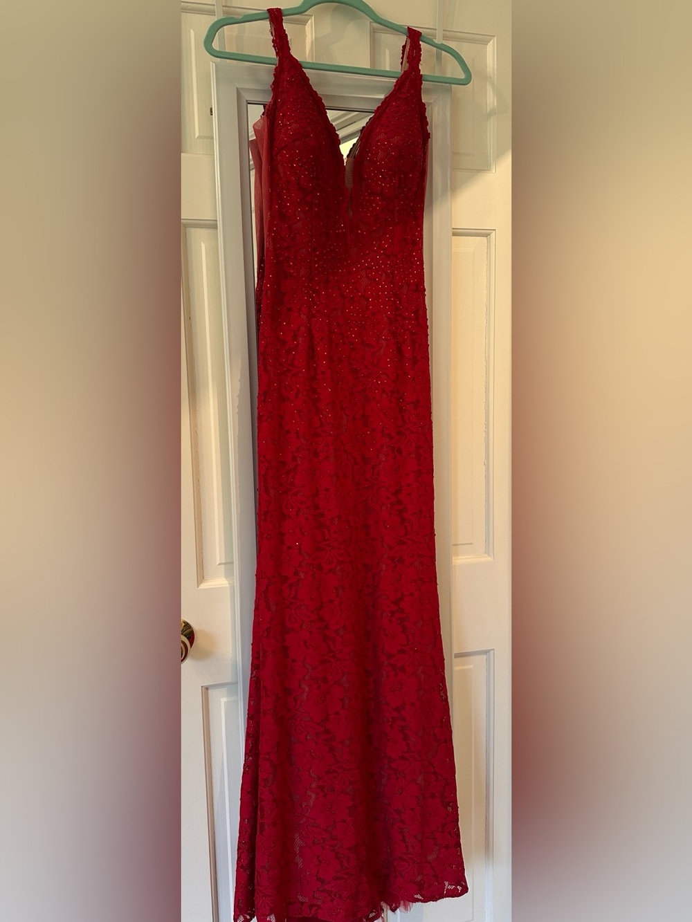 Jovani Red Lace Beaded Plunge Evening Gown